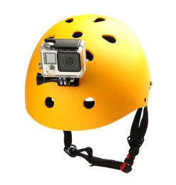 Modern action camera on helmet against white background