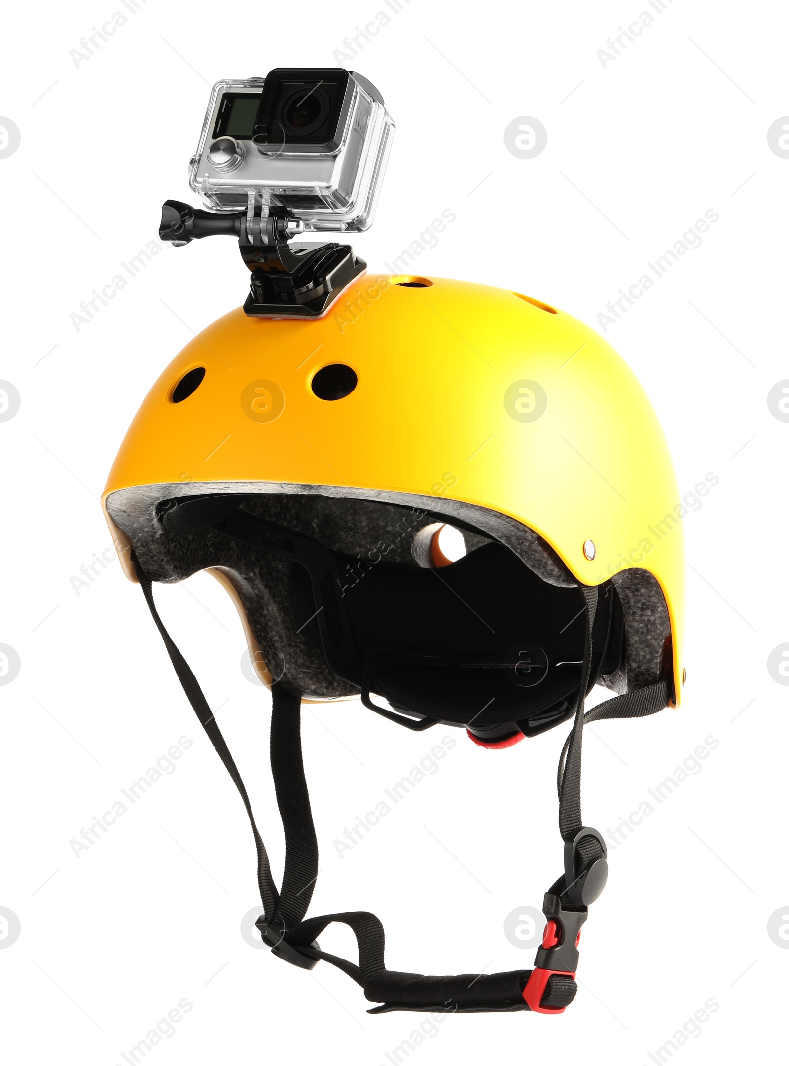 Photo of Modern action camera on helmet against white background