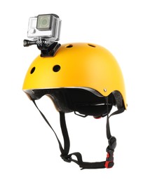 Photo of Modern action camera on helmet against white background