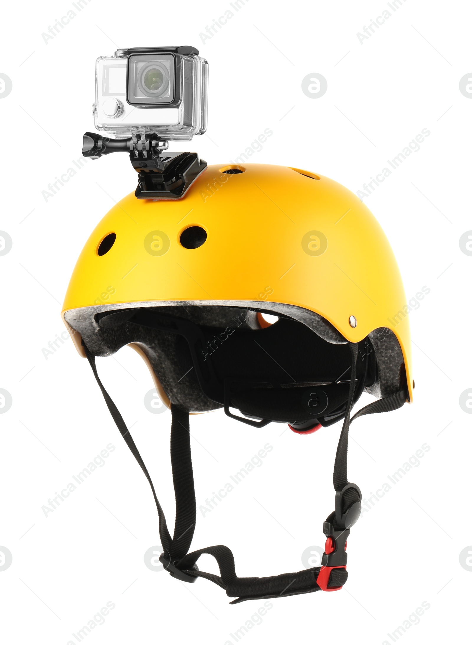 Photo of Modern action camera on helmet against white background