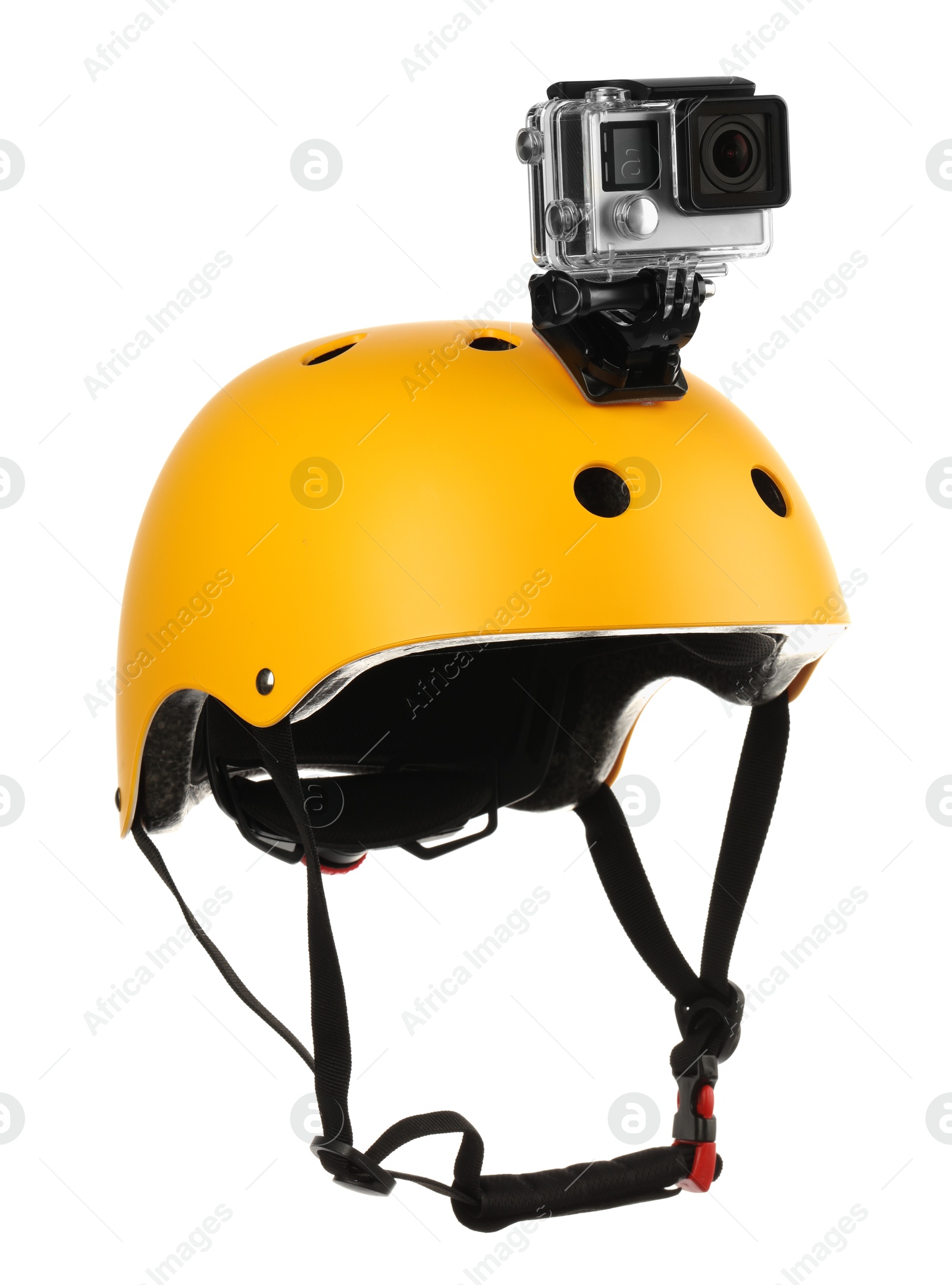 Photo of Modern action camera on helmet against white background