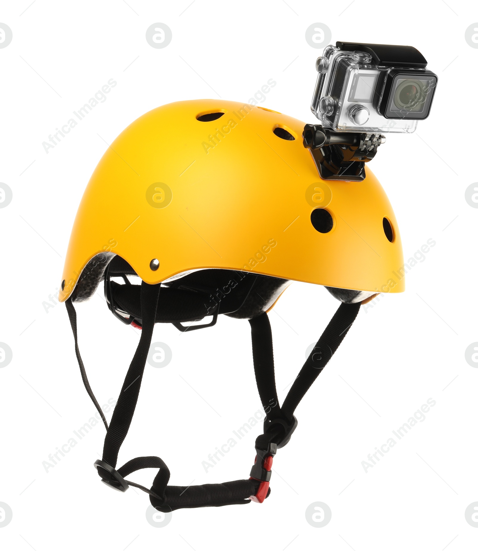 Photo of Modern action camera on helmet against white background