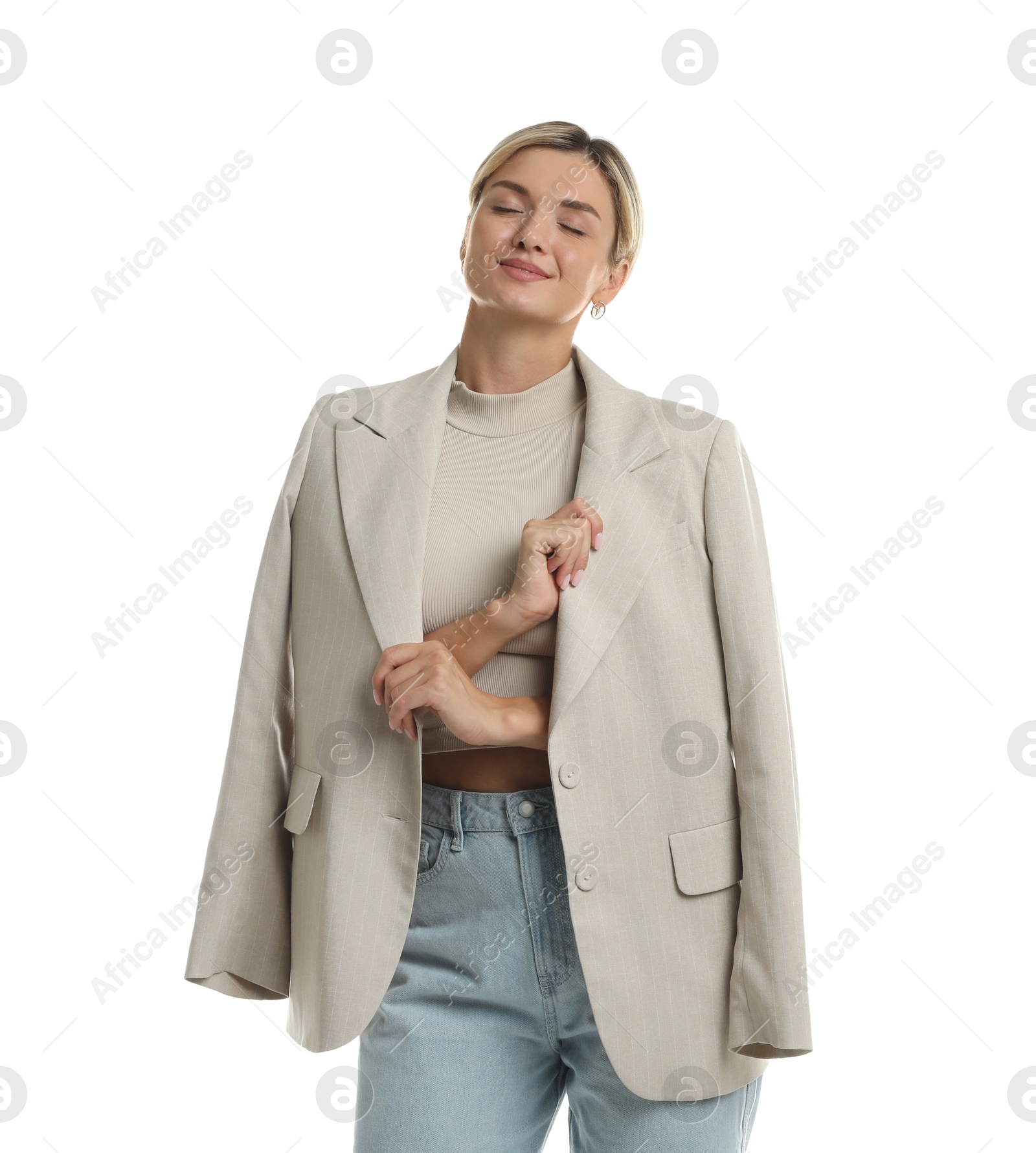 Photo of Beautiful woman with stylish jacket on white background