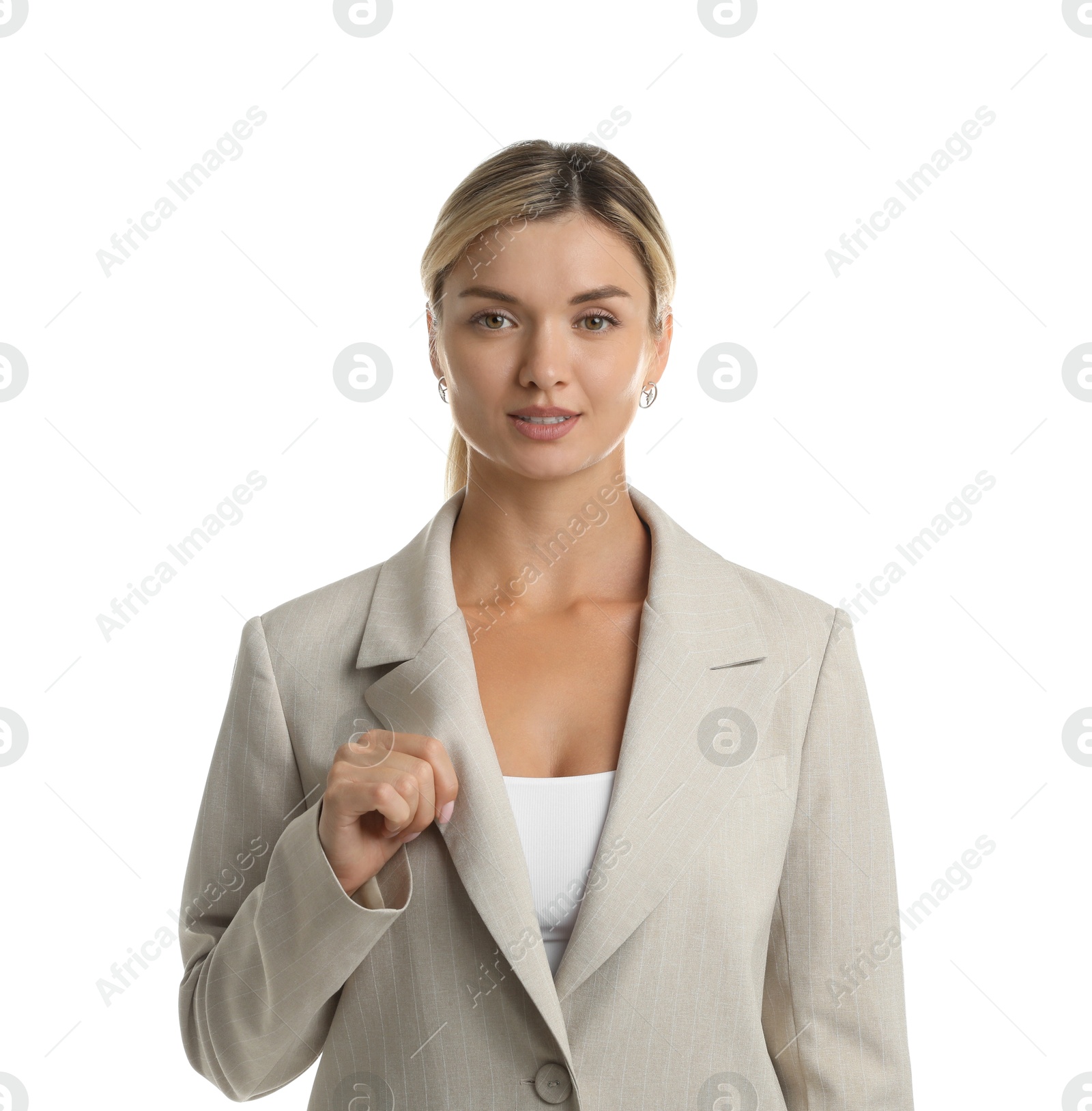 Photo of Beautiful woman in stylish suit on white background