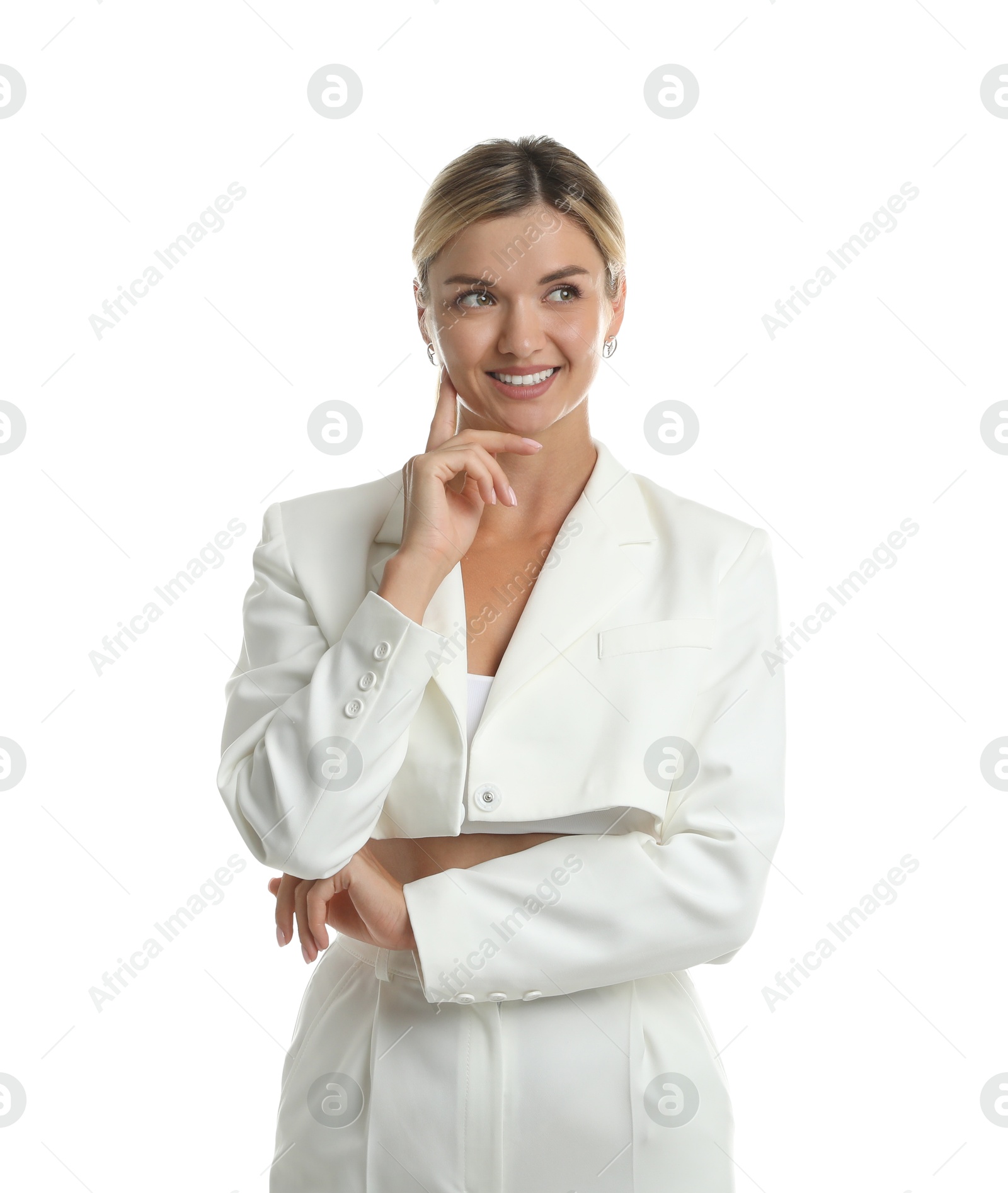 Photo of Beautiful woman in stylish suit on white background