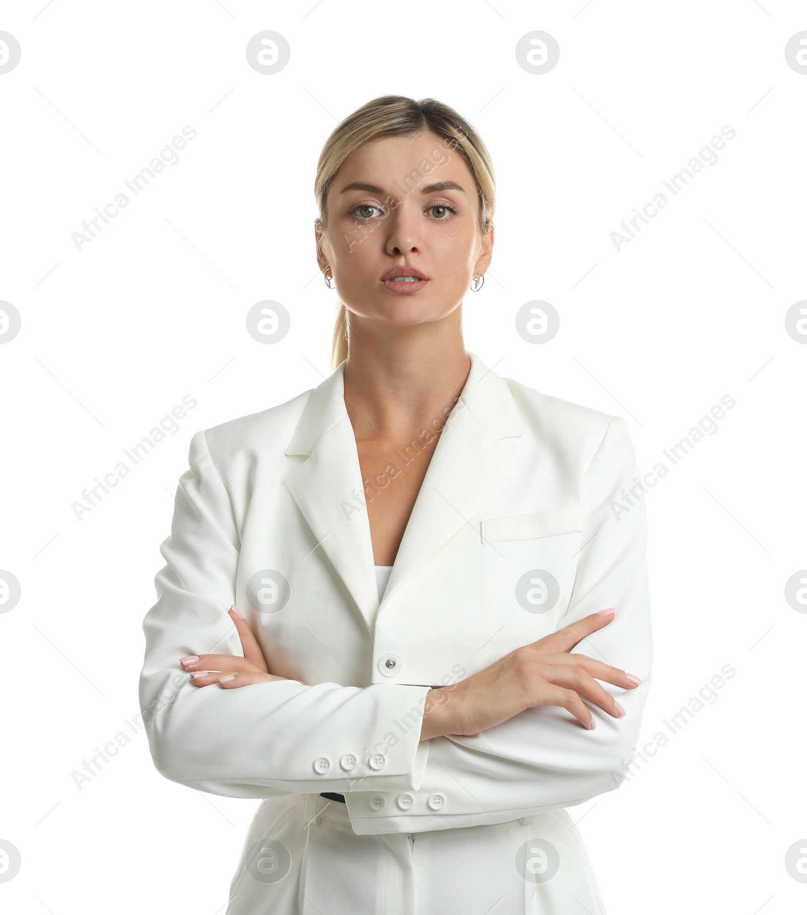 Photo of Beautiful woman in stylish suit on white background