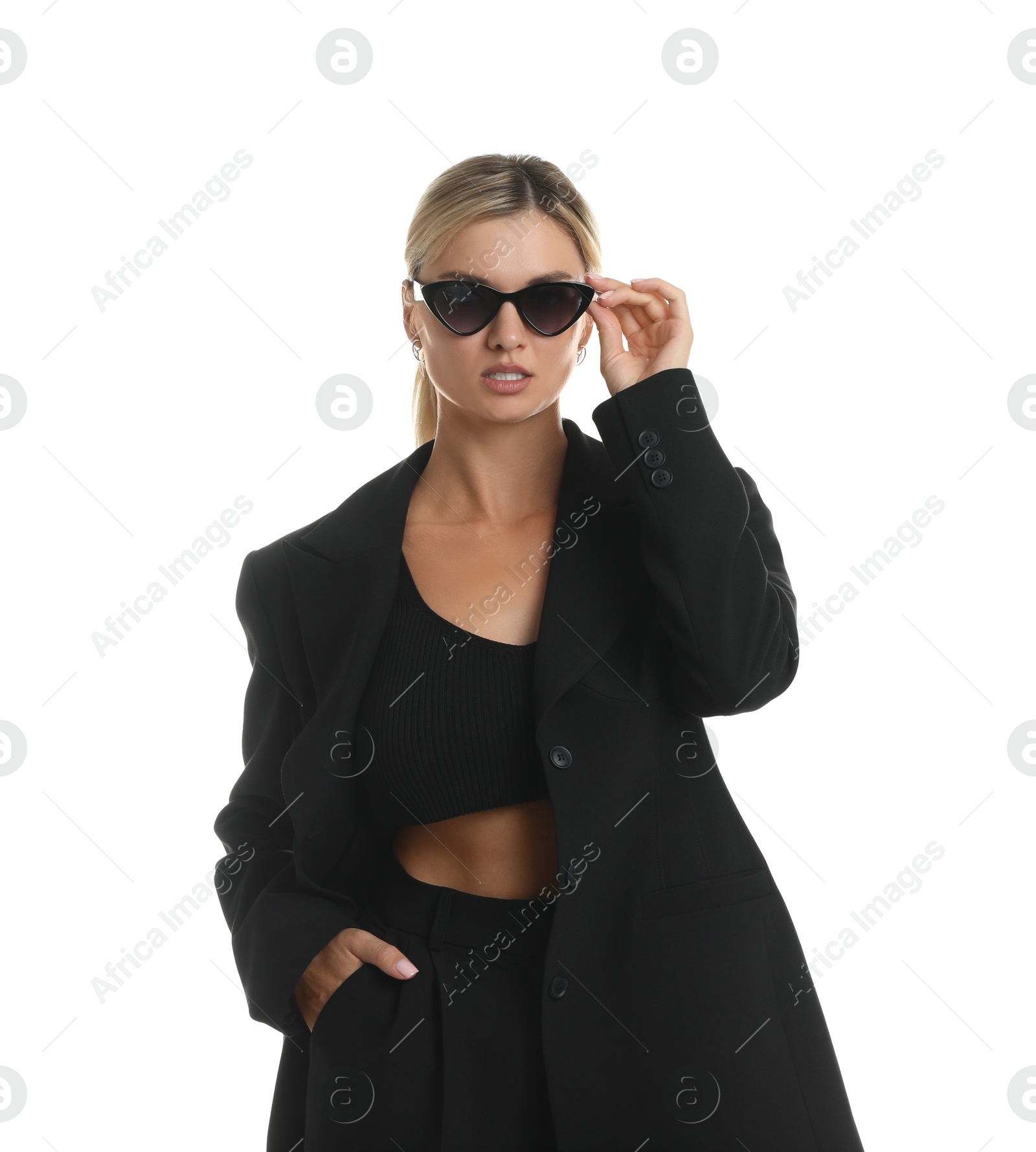 Photo of Beautiful woman in stylish suit on white background