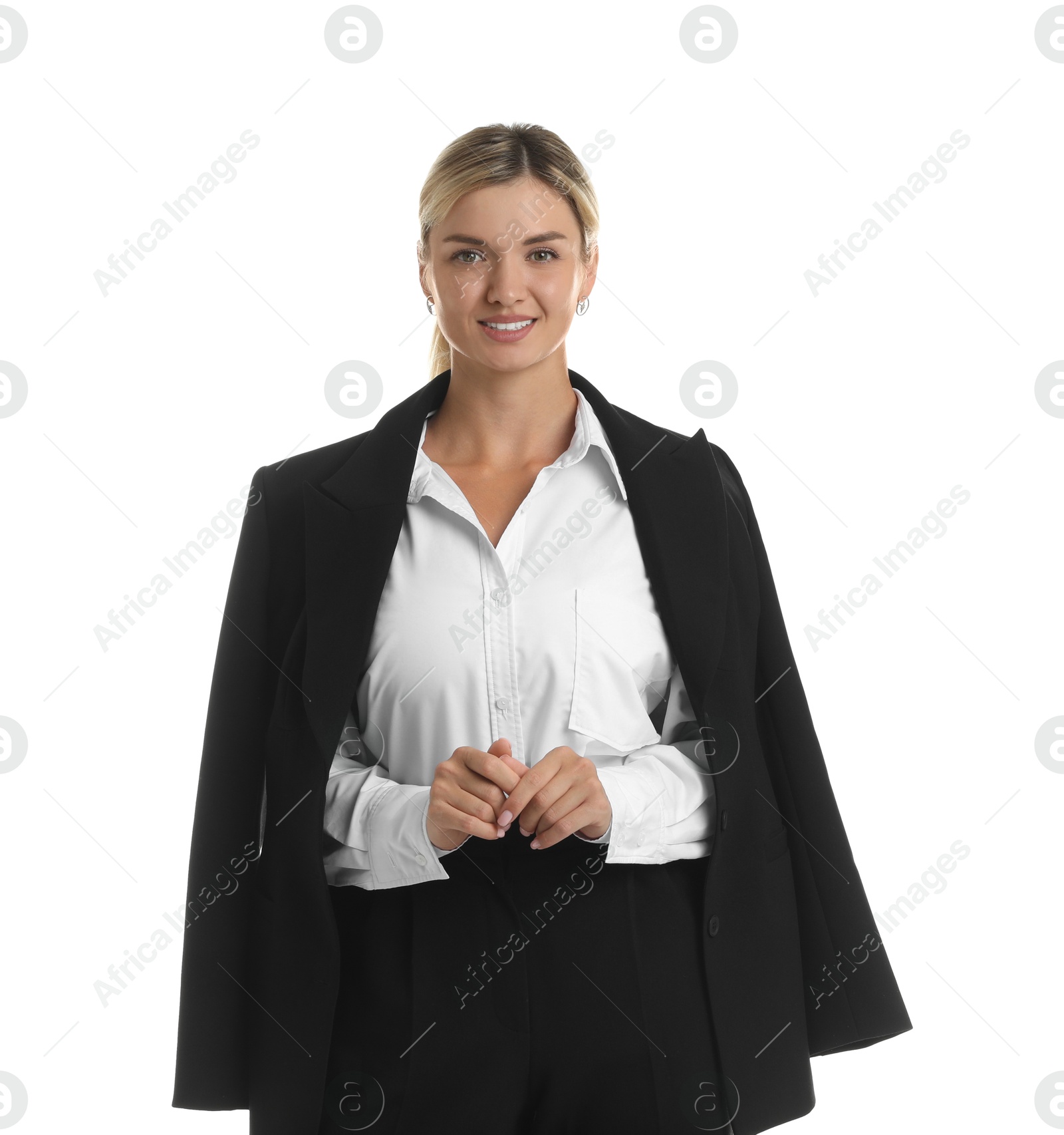 Photo of Beautiful woman in stylish black suit on white background