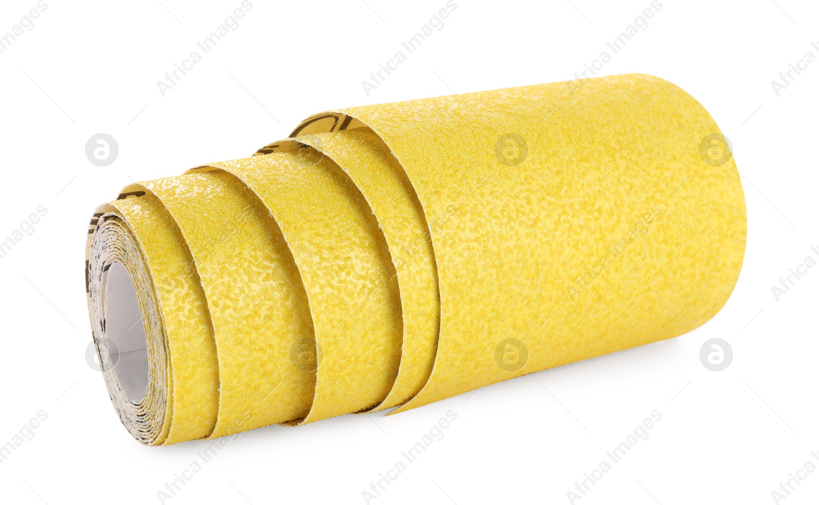 Photo of Rolled sheet of sandpaper isolated on white