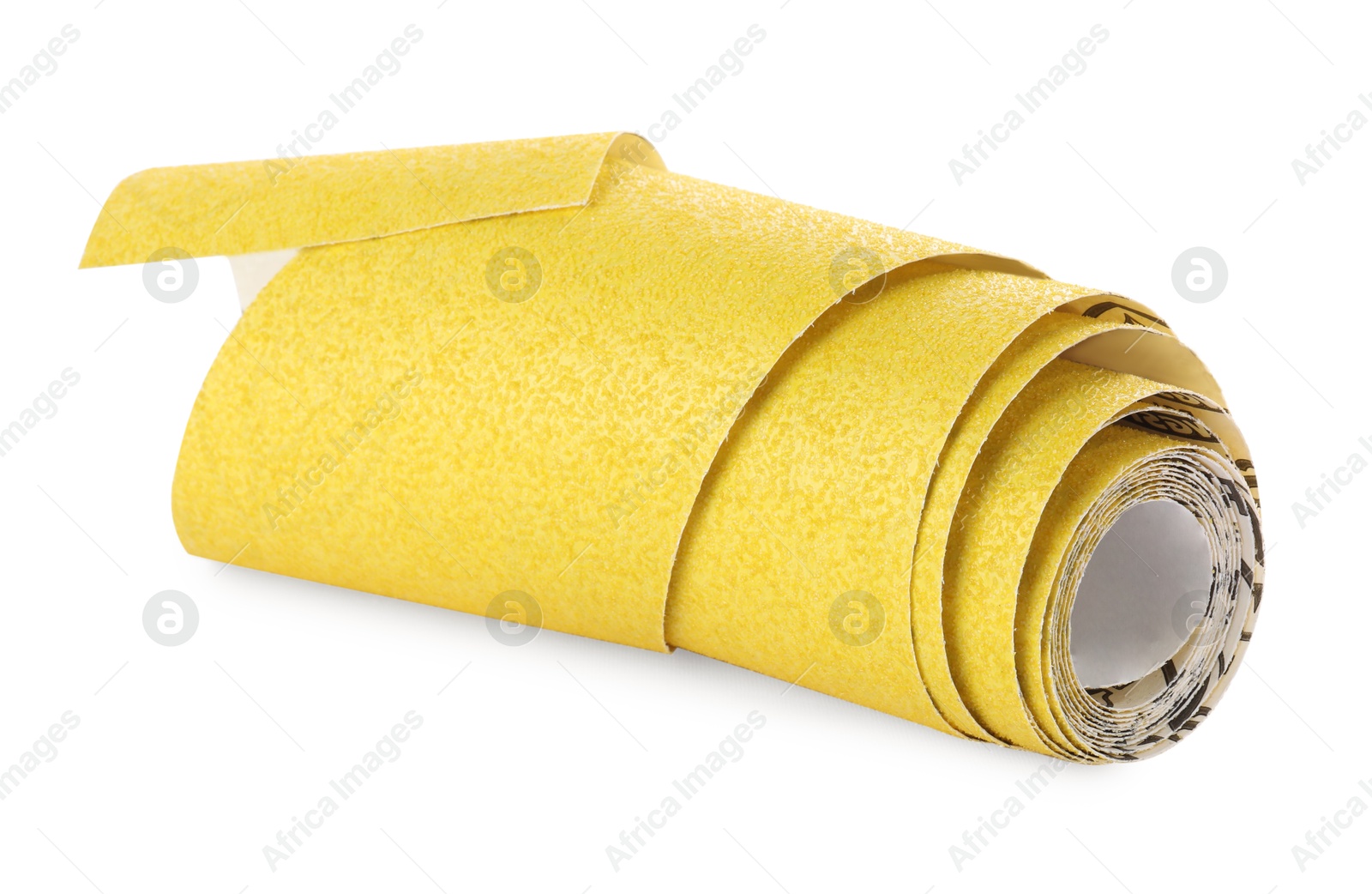 Photo of Rolled sheet of sandpaper isolated on white