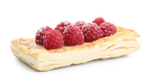 Photo of Tasty puff pastry with raspberries isolated on white