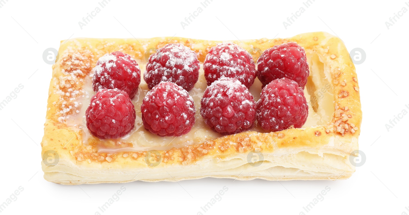 Photo of Tasty puff pastry with raspberries isolated on white