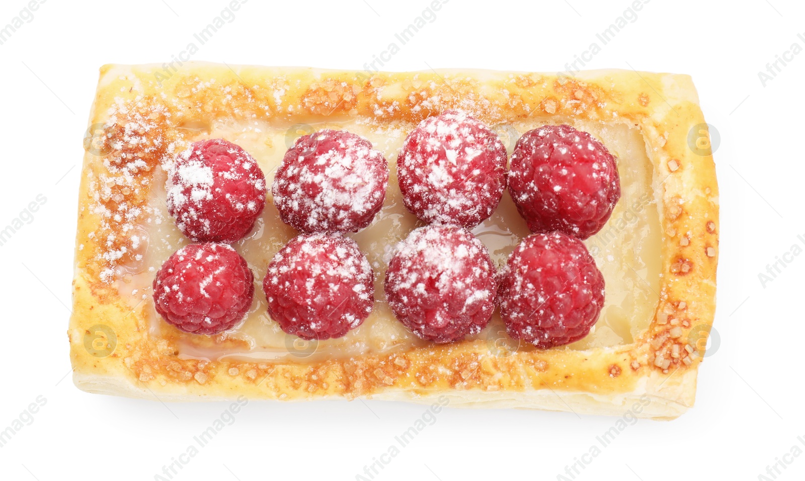 Photo of Tasty puff pastry with raspberries isolated on white, top view