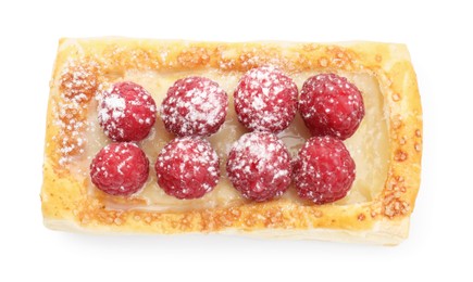 Photo of Tasty puff pastry with raspberries isolated on white, top view