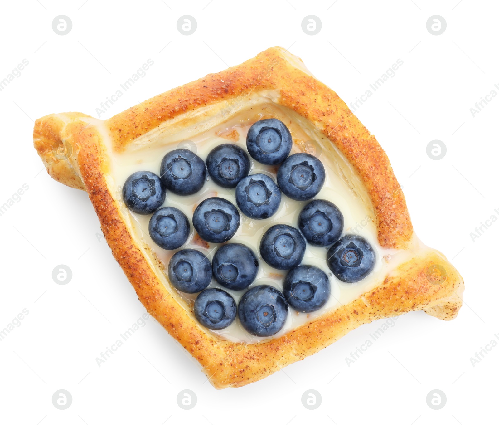 Photo of Tasty puff pastry with blueberries isolated on white, top view