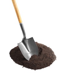 Photo of Metal shovel with wooden handle and pile of soil isolated on white