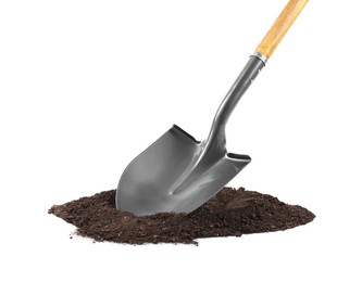 Photo of Metal shovel with wooden handle and pile of soil isolated on white