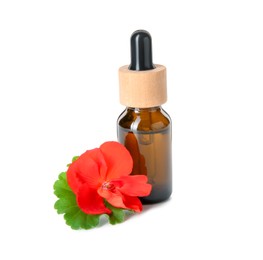 Photo of Bottle of geranium essential oil and beautiful flower isolated on white