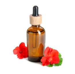 Photo of Bottle of geranium essential oil and beautiful flowers isolated on white