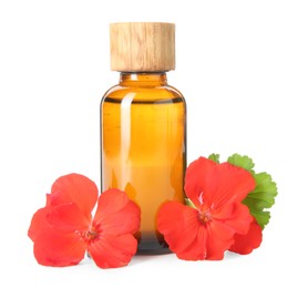 Photo of Bottle of geranium essential oil and beautiful flowers isolated on white