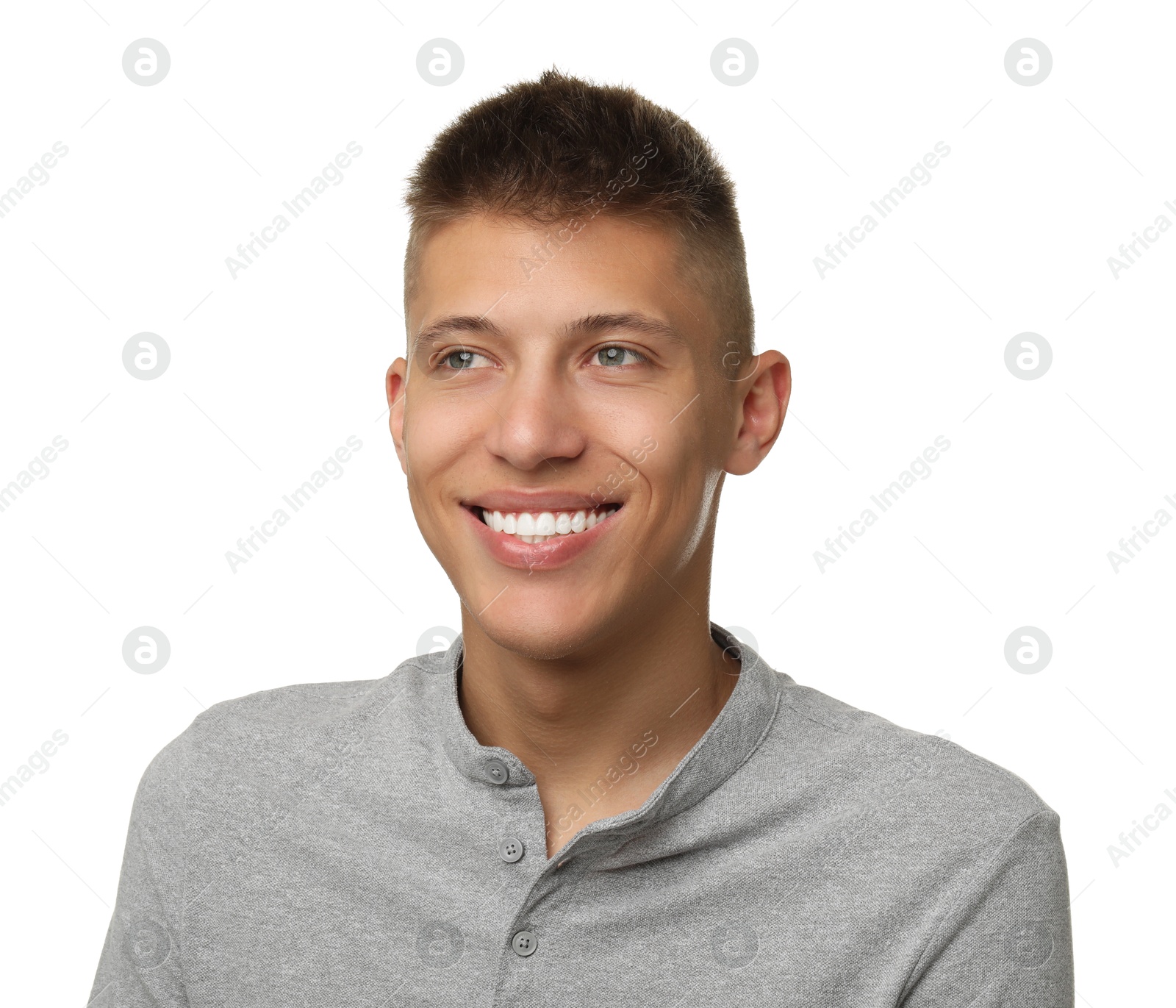 Photo of Happy young man on white background. Dental veneers