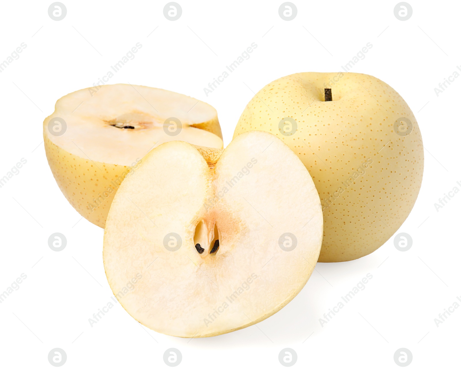 Photo of Whole and cut fresh apple pears isolated on white