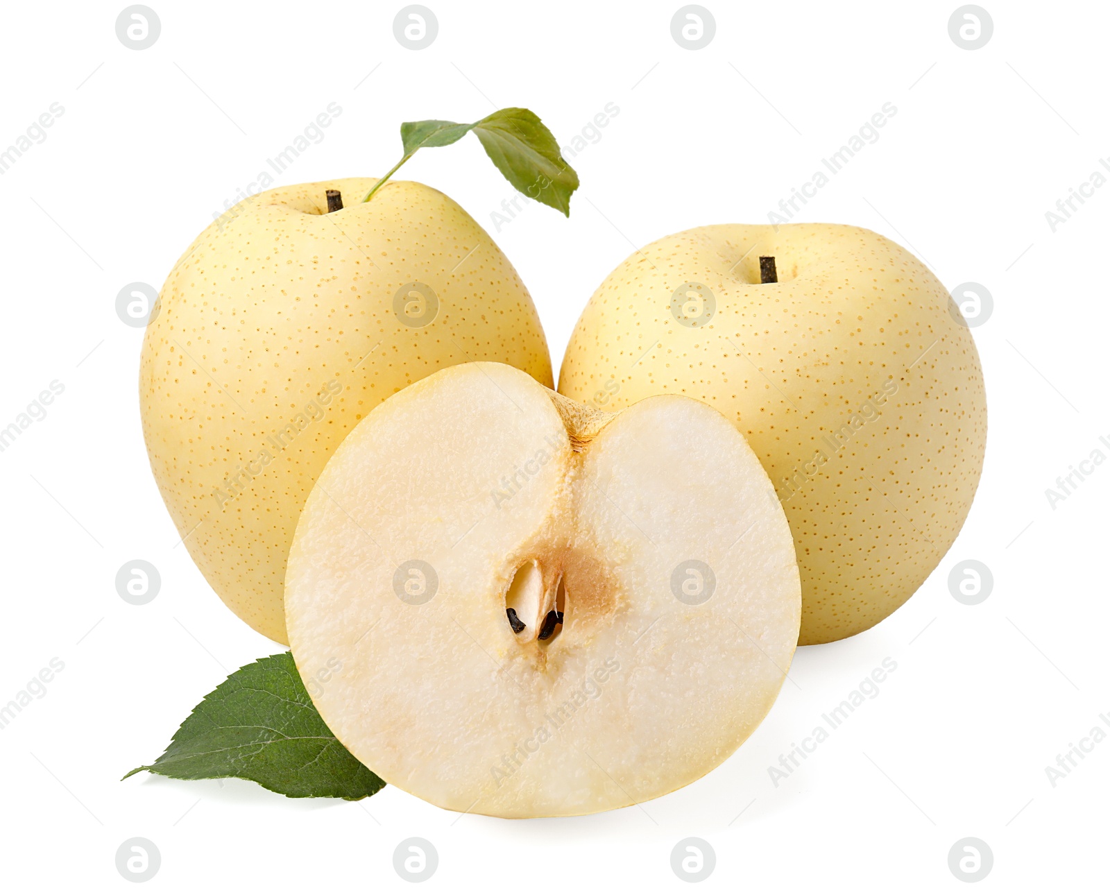 Photo of Fresh apple pears and green leaves isolated on white