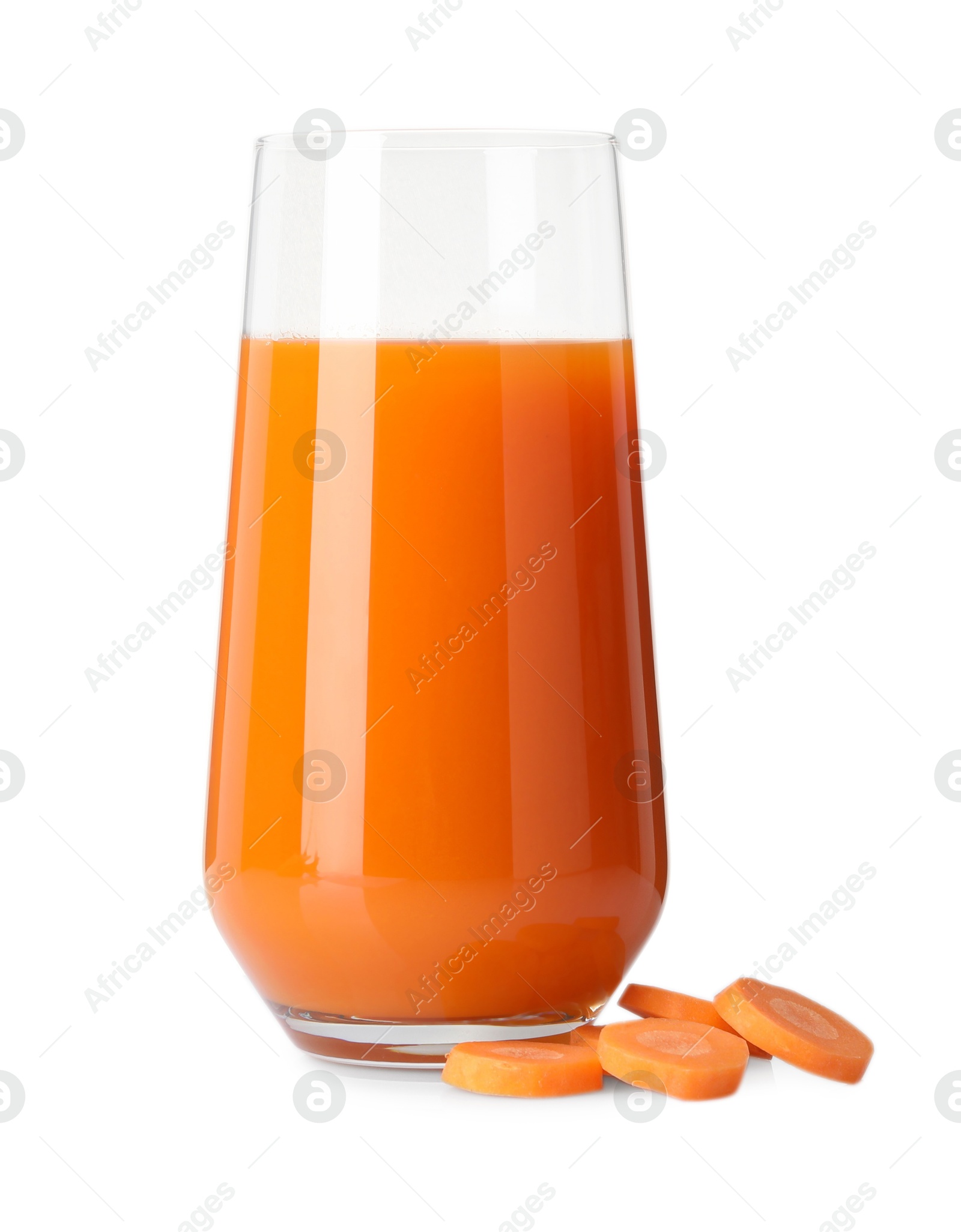 Photo of Healthy carrot juice in glass and fresh vegetable isolated on white