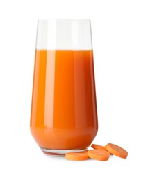 Photo of Healthy carrot juice in glass and fresh vegetable isolated on white