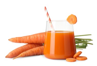 Photo of Healthy carrot juice in glass and fresh vegetables isolated on white