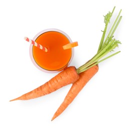 Healthy carrot juice in glass and fresh vegetables isolated on white, top view