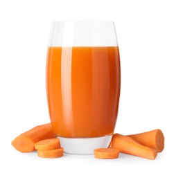 Photo of Healthy carrot juice in glass and fresh vegetable isolated on white