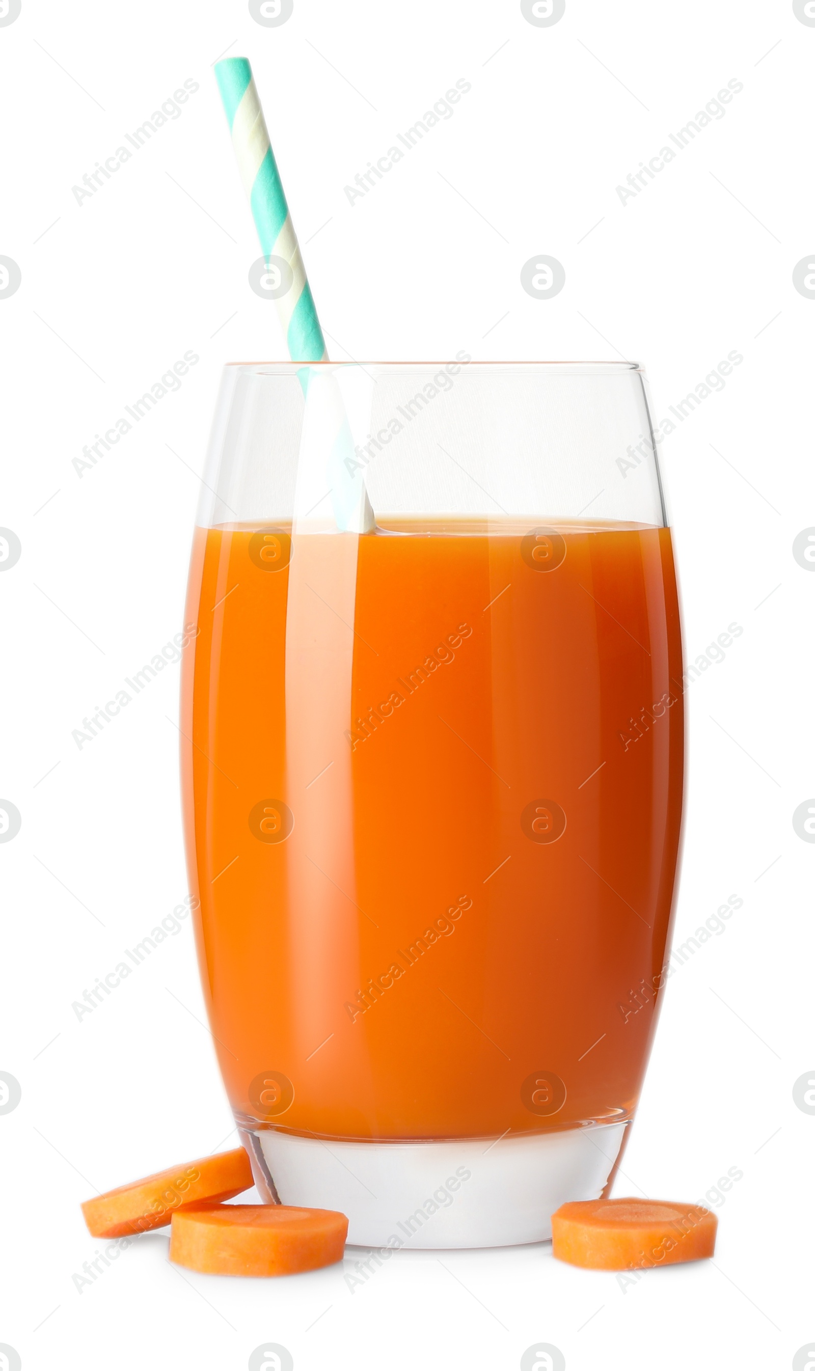 Photo of Healthy carrot juice in glass and fresh vegetable isolated on white