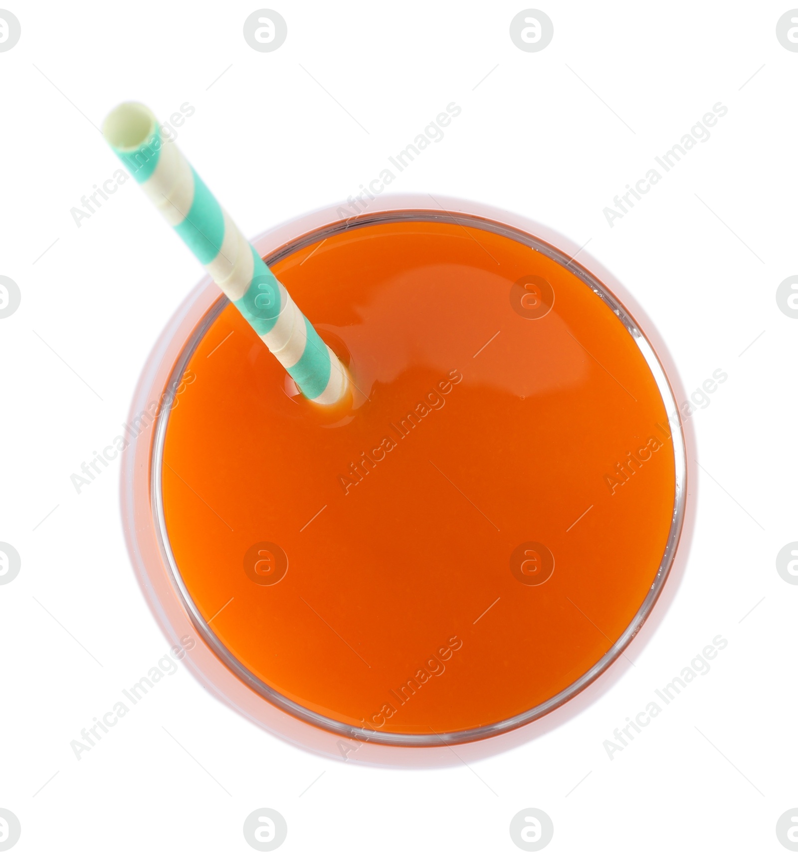 Photo of Healthy carrot juice in glass isolated on white, top view