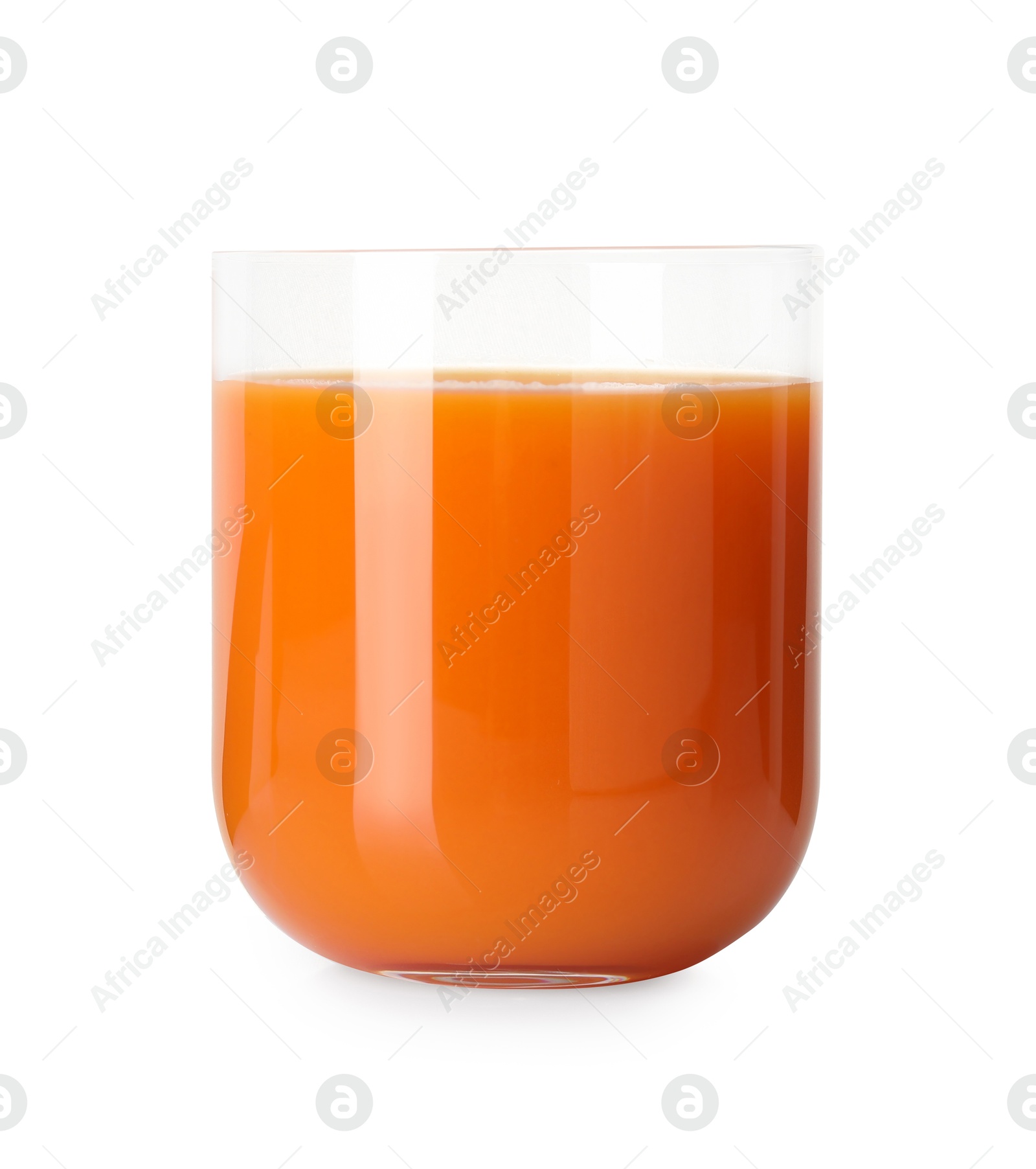 Photo of Healthy carrot juice in glass isolated on white