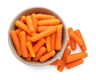 Photo of Baby carrots in bowl isolated on white, top view