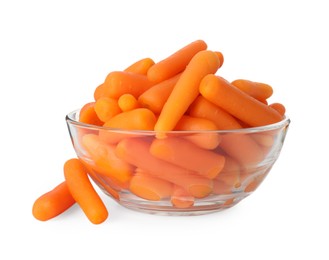 Photo of Baby carrots in bowl isolated on white