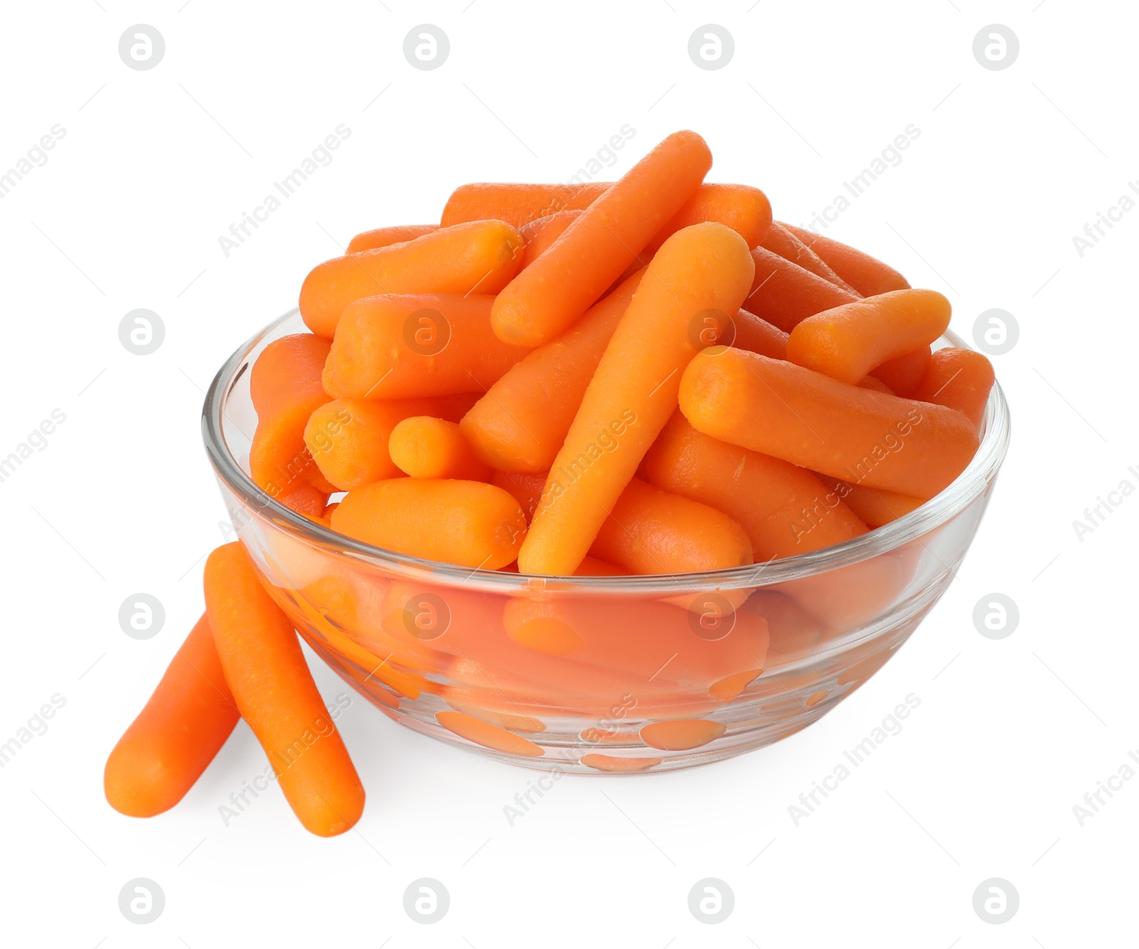 Photo of Baby carrots in bowl isolated on white