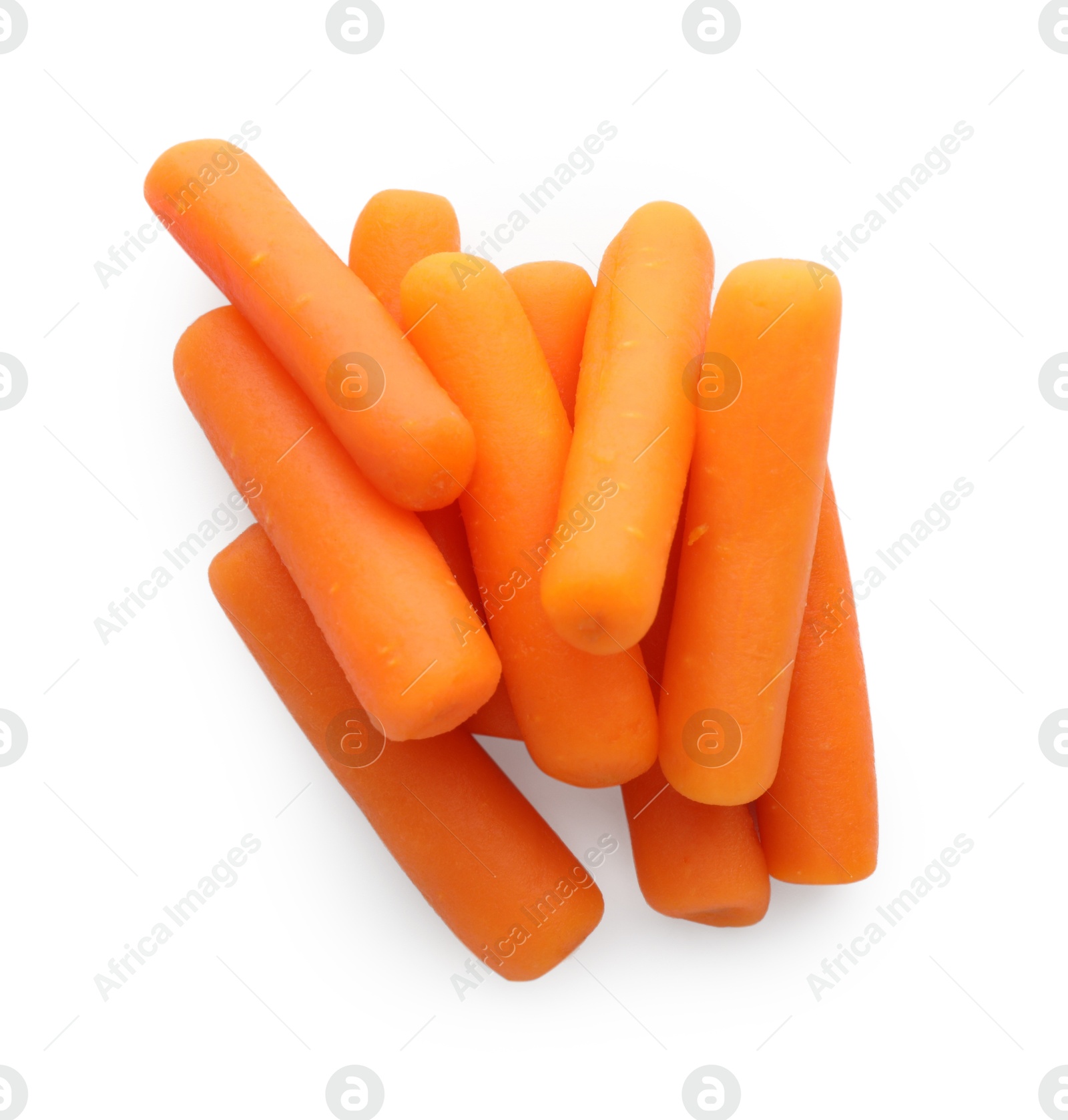 Photo of Pile of baby carrots isolated on white, top view