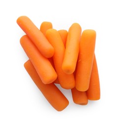 Pile of baby carrots isolated on white, top view