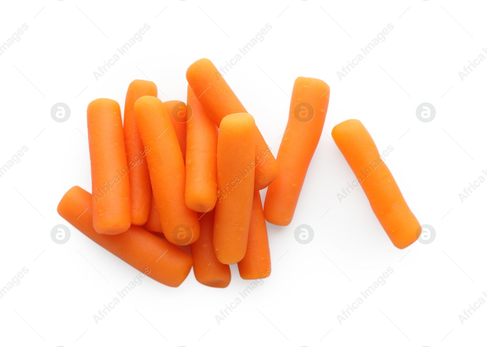 Photo of Pile of baby carrots isolated on white, top view