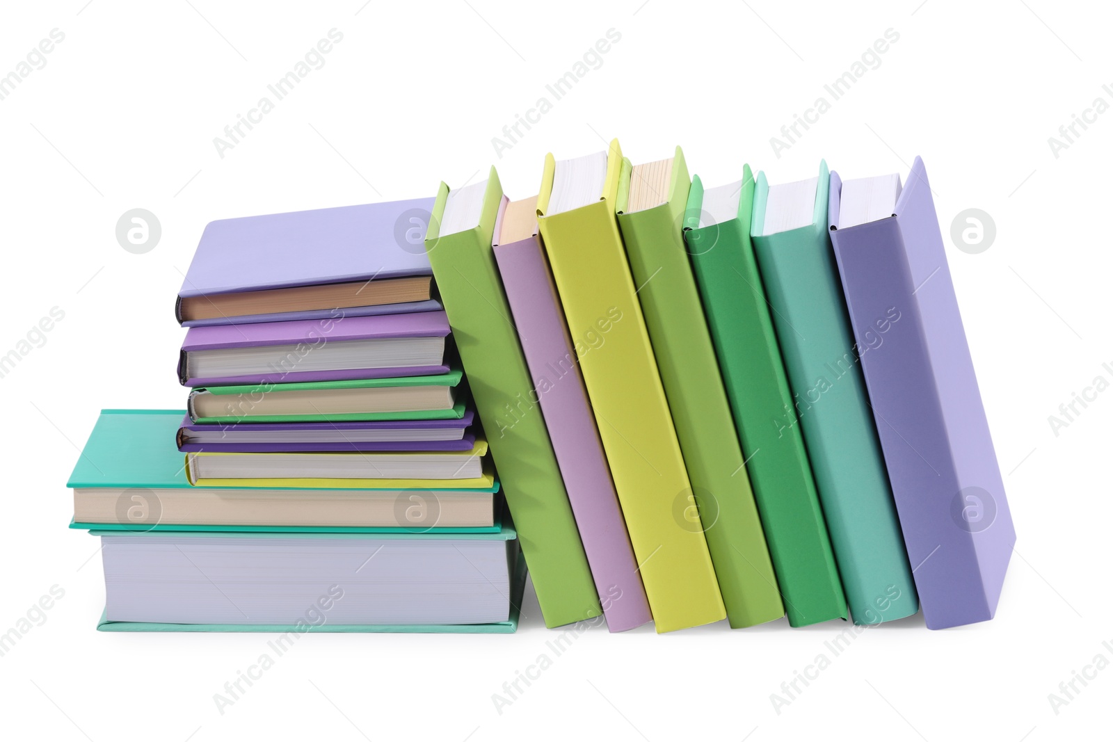 Photo of Many bright colorful books isolated on white