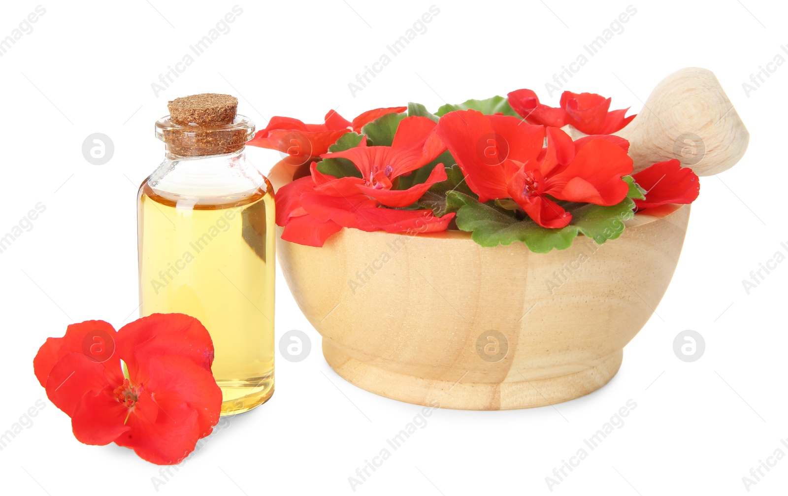 Photo of Bottle of geranium essential oil, mortar and pestle with beautiful flowers isolated on white