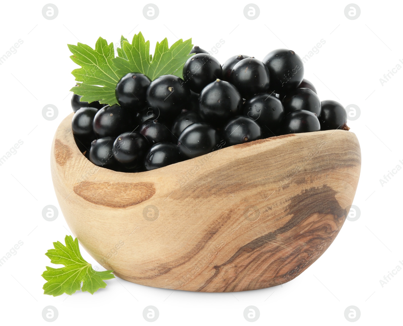 Photo of Fresh ripe black currant berries with leaves isolated on white