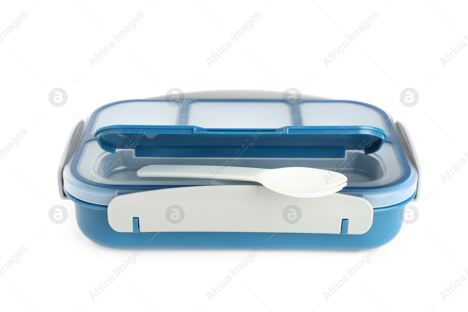 Photo of Plastic lunch box and spork isolated on white