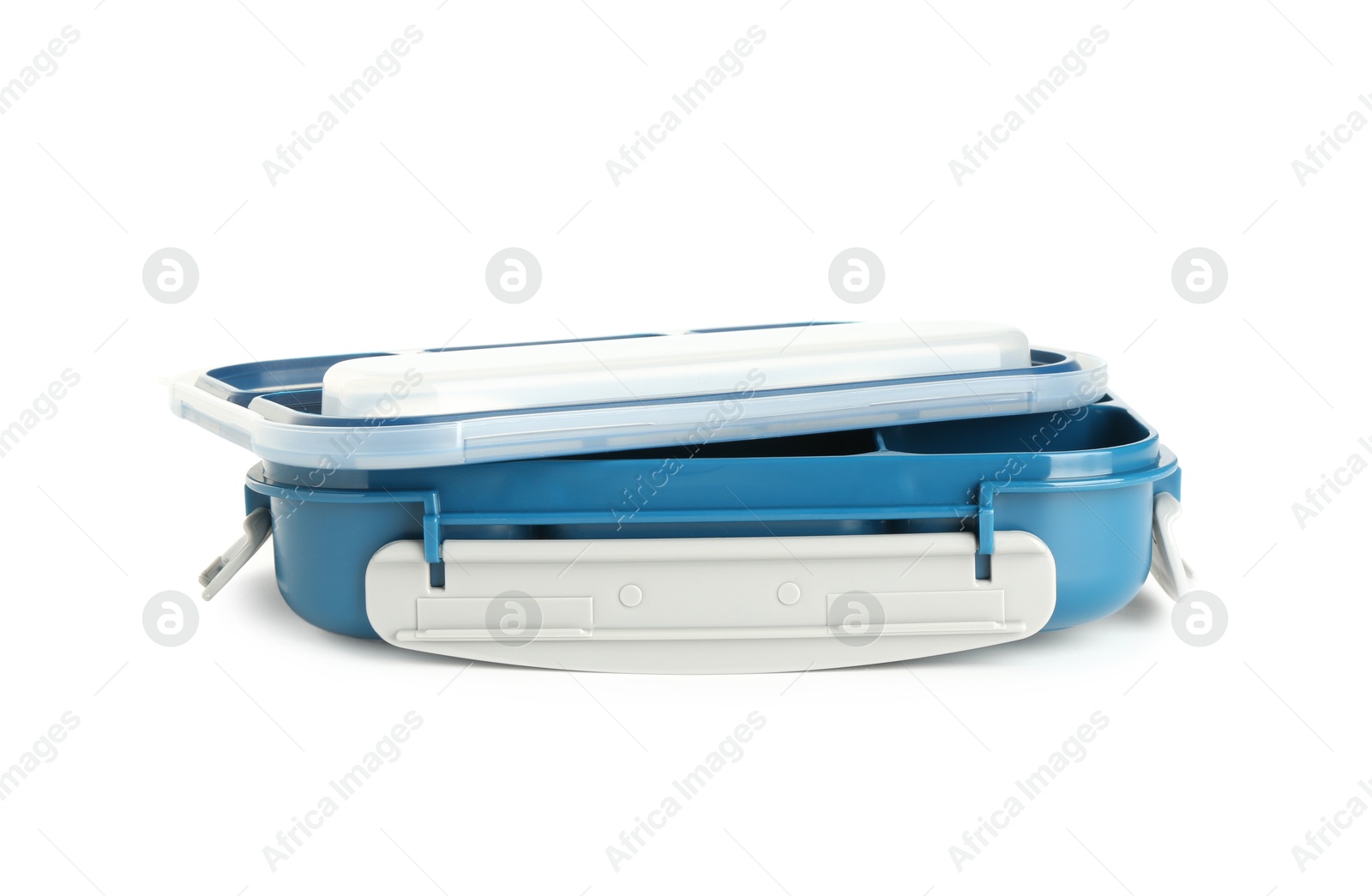 Photo of Plastic lunch box with lid isolated on white