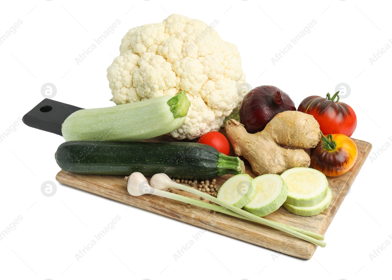 Photo of Cooking tasty stew. Different vegetables isolated on white