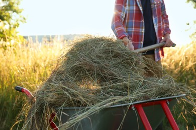 Photo of Farmer working with wheelbarrow full of mown grass outdoors, closeup