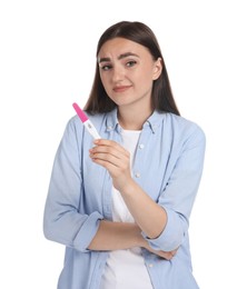 Woman holding pregnancy test on white background