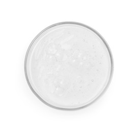 Photo of Petri dish with sample isolated on white, top view